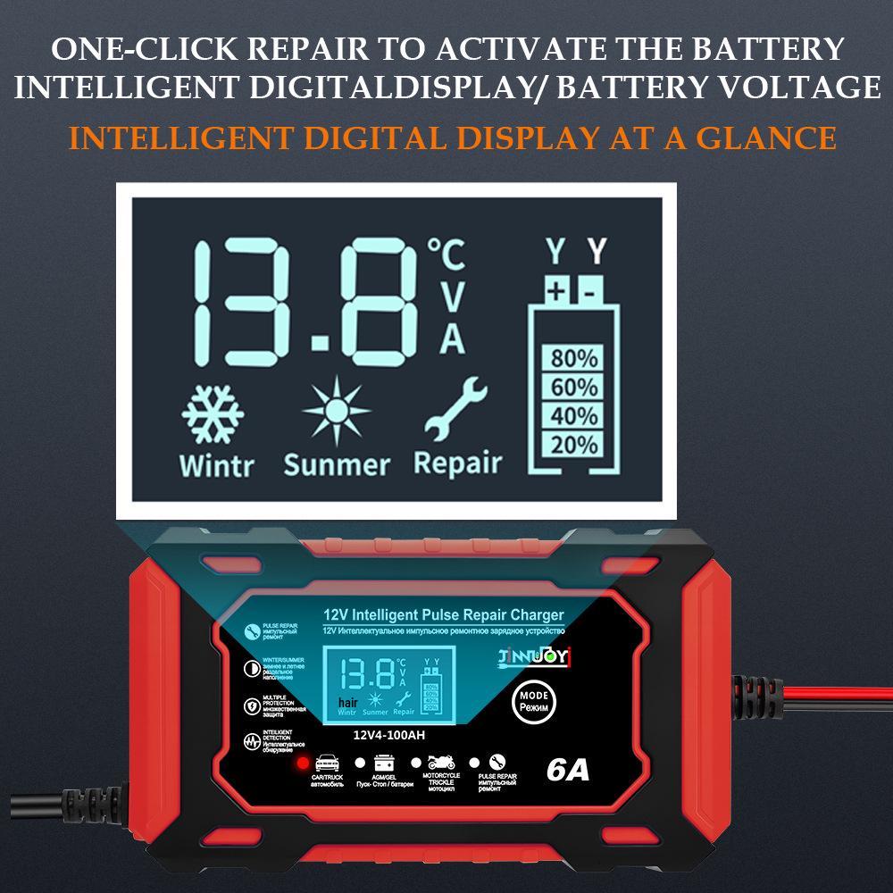 12V 6A Smart Pulse Repair Charger for Car & Motorcycle Lead-Acid Batteries