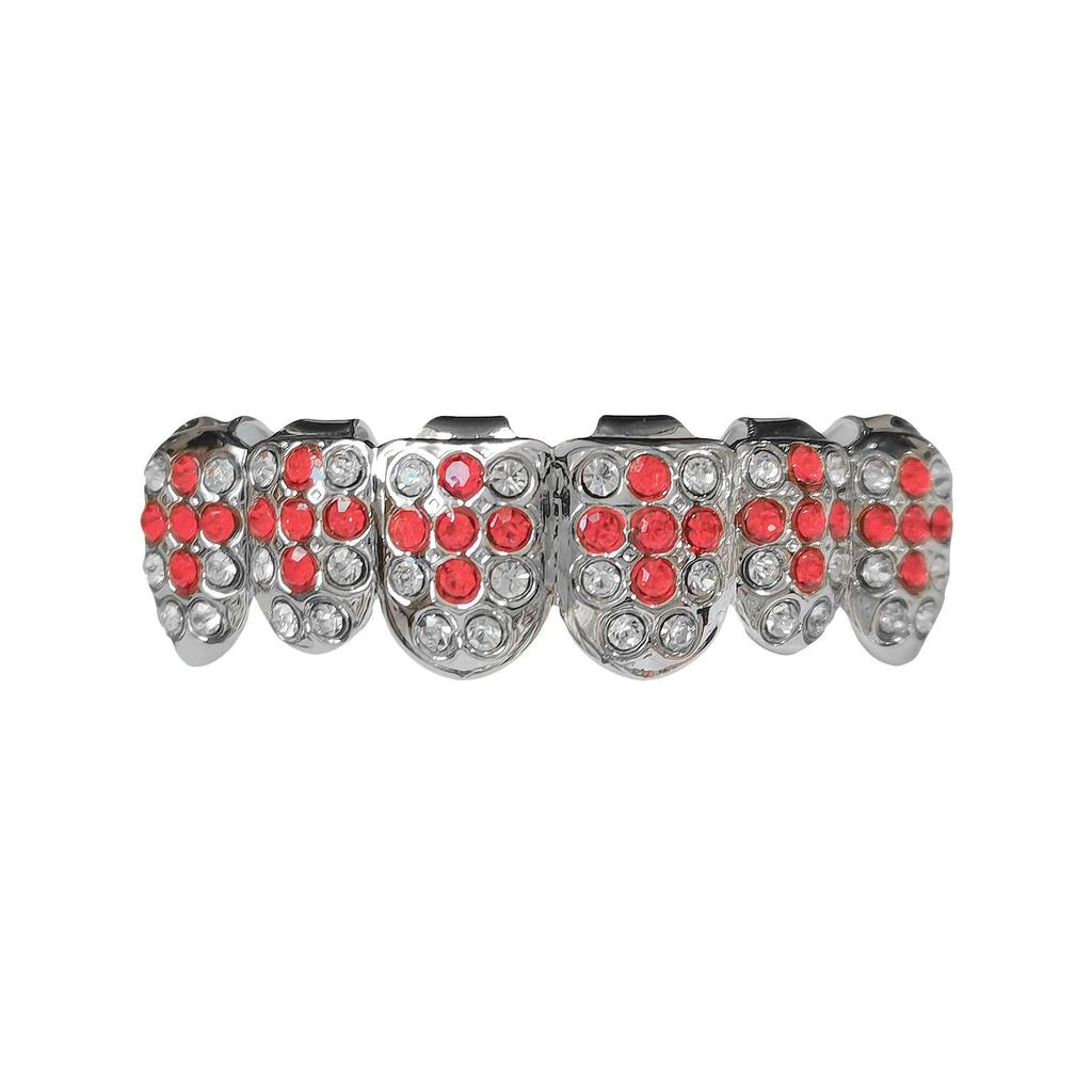 Stylish Hip Hop Grillz Set: Red Diamond Cross & Lightning Gold