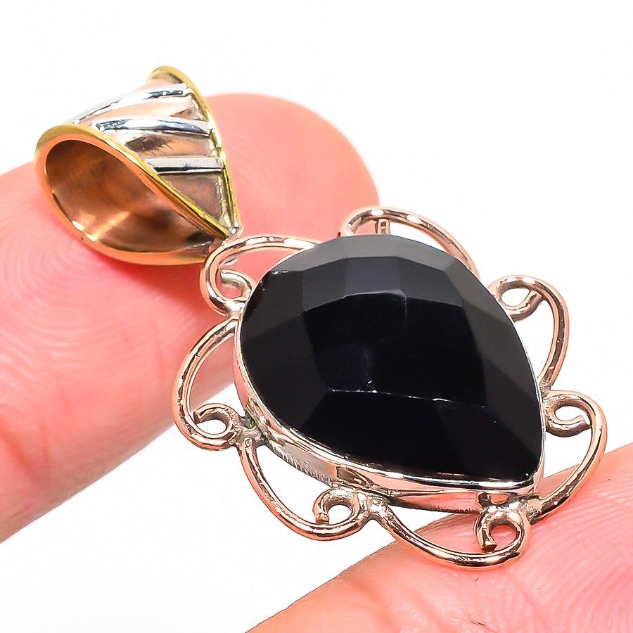 Natural Black Onyx Gemstone TwoTone 925 Solid Sterling Silver Pendant 1.50" P9P20
