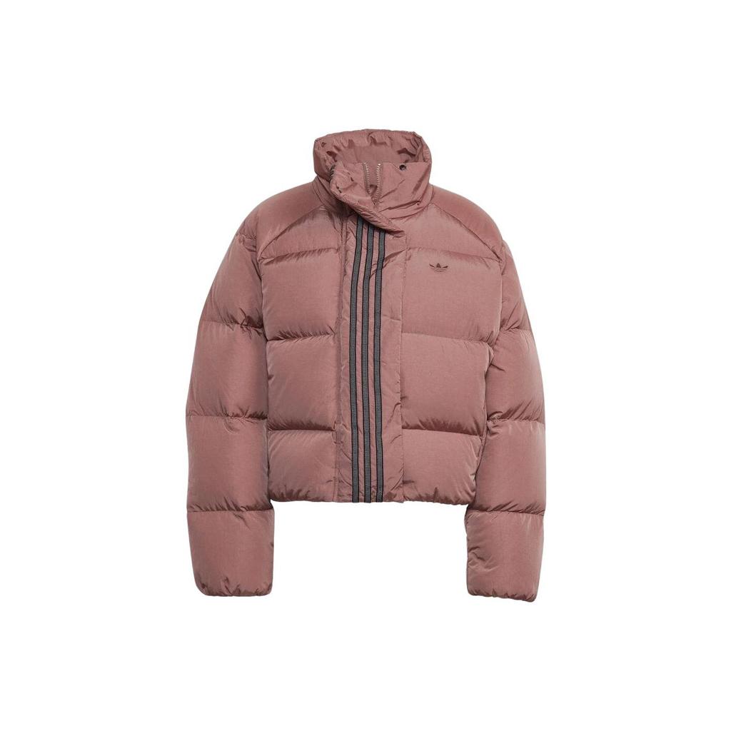 Adidas Originals Color Block Striped Loose Stand Collar Short Down Jacket Women Outerwear Light-Brown Red HK5237