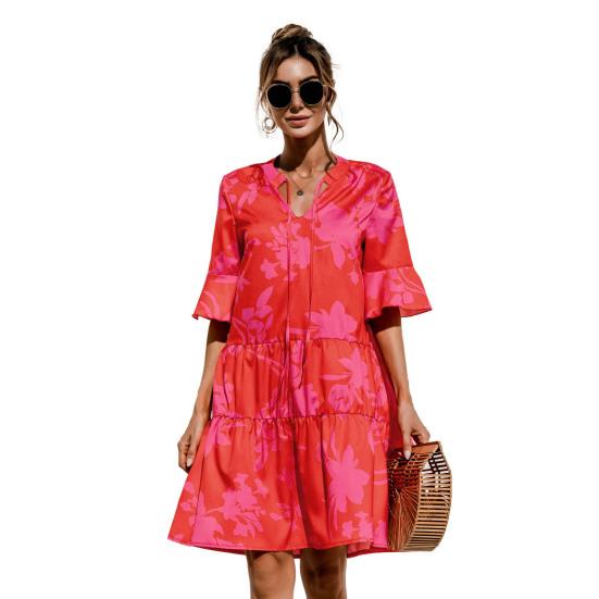 

Женское летнее мини-платье с коротким рукавом и V-образным вырезом, плиссированное платье с принтом в стиле бохо, короткое платье-трапеция, пляжный многоярусный струящийся сарафан S розы красного