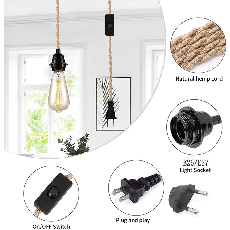 Vintage Pendant Lights 4.5m Hemp Rope Suspension Lamp E26 E27 Socket Hanging Light with Switch for Indoor Lighting
