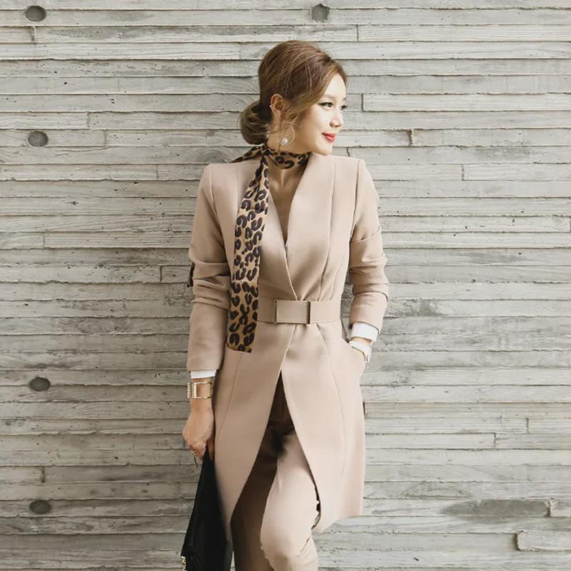 2025 Autumn New Korean Women's Long Blazer & Slim Trousers Set