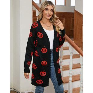 European and American Autumn and Winter Sweater Women's Clothing Halloween Pumpkin Embroidery Retro Polka Dot Long-sleeved Knitted Sweater Women