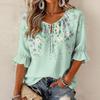 Women's Retro Floral Print Ruffle Three-Quarter Sleeve Blouse with Tie Neck