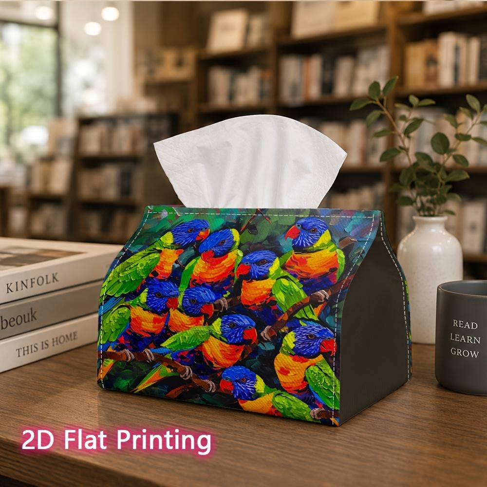 1pc, 2D Flat Printing, Tissue Box with Colorful Parrot Patterns On Tree Branches Printed Tissue Box, Suitable for Bathrooms, Living Rooms, Bedrooms, D
