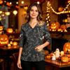 Women's Casual V-Neck Scrub Top with Pockets and Side Slits, 3/4 Sleeve Halloween Print