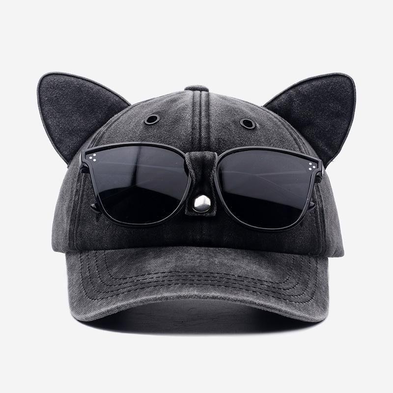 

Adjustable Baseball Cap with Cat Ear Design and Sunglasses Holder Button Casual Outdoor Hat for Women and Men One Size чёрный
