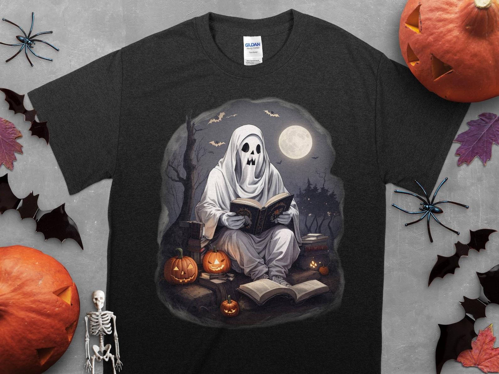 Vintage Ghost Book Reading Camping Gothic Halloween Teachers Unisex T-Shirt, hug halloween shirt, forest gothic halloween, love reading tee 3XL