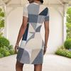 Women Plus Size Round Neck Short Sleeve Blue Pink Geometric Printed Fitted Mini Dress