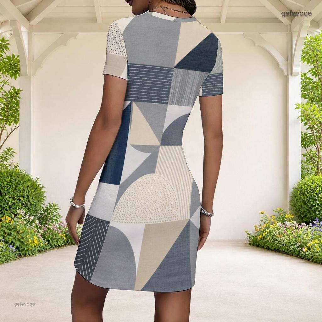 Women Plus Size Round Neck Short Sleeve Blue Pink Geometric Printed Fitted Mini Dress