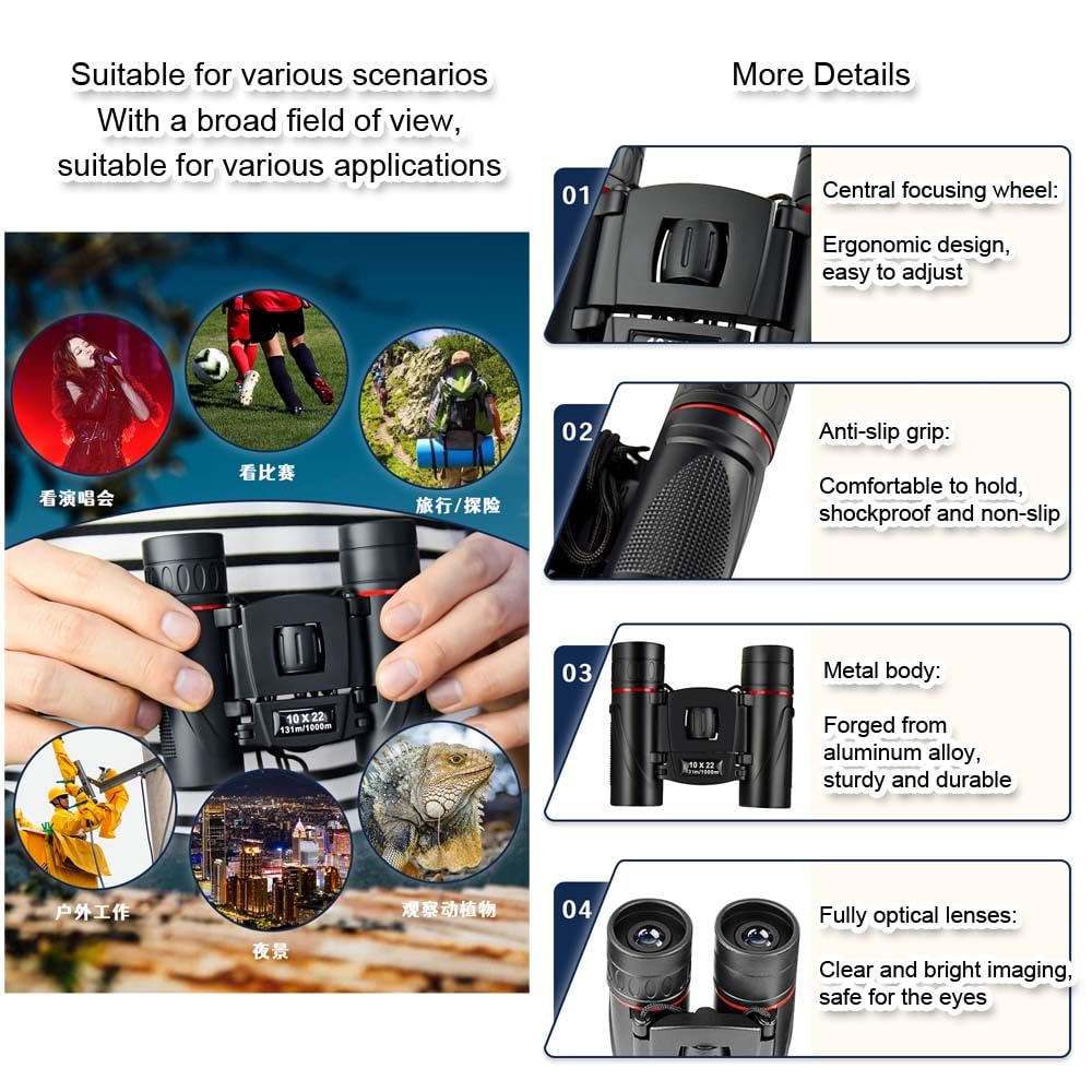 10x22 Compact Suitable for Adults and Large Eyepiece Wide Field of Easy Long Viewing Range of 10x Ideal for Bird Outdoor Travel and Pocket-Sized