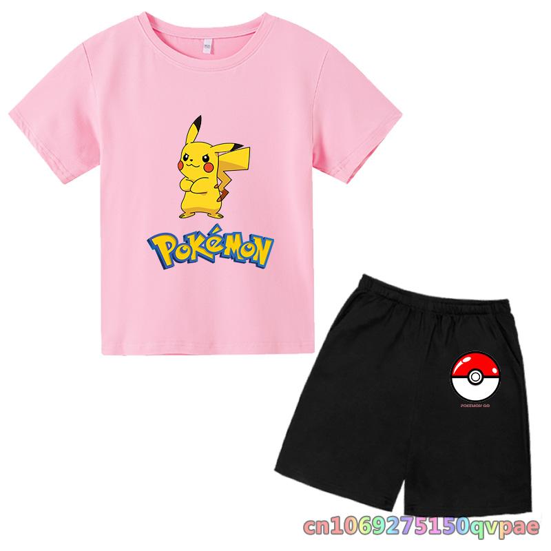 Children's Clothes Cartoon Summer Kids Animal Pokemon T-shirt Set Boys' Clothing  Leisure Cotton Pikachu Print Short Sleeve