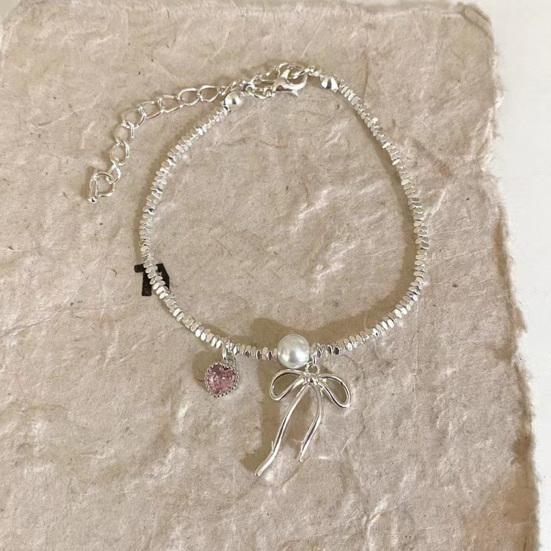 Bowknot Charm Bracelet Faux Gemstone Pink Heart Cuff Bracelet Adjustable Dainty Bracelet Elegant Wrist Jewelry for Girls Women