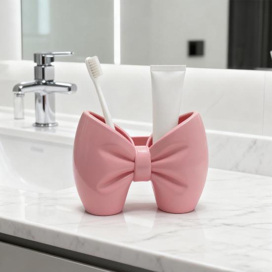 Bow Toothbrush Holder 3D Printed Pink White Bowknot Toothbrush Toothpaste Organizer Bathroom Decoration Multi-functional Desktop Storage Box