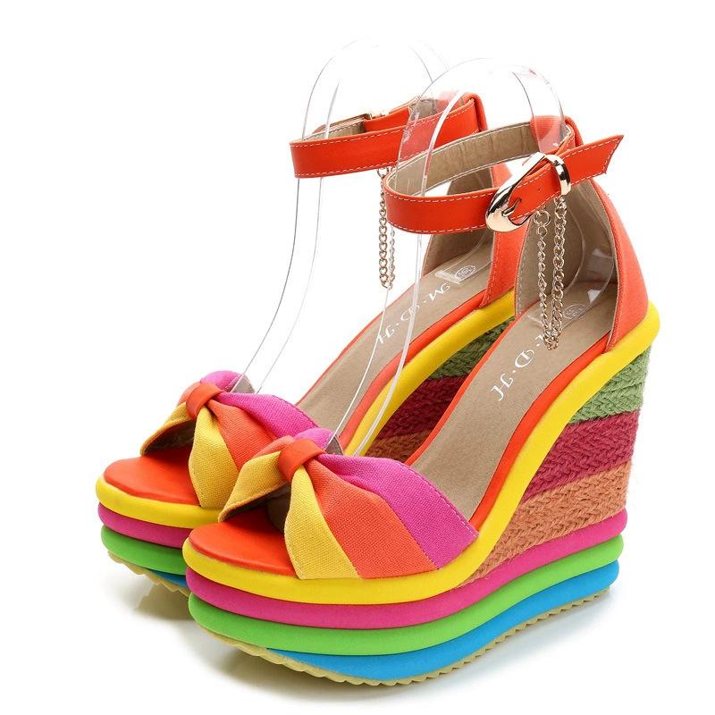 Fashion Plus Size 33-43 Shoes for Women Summer Wedges Sandals Colorful Platform Rainbow Bowknot Hemp Bottom Female Buckle Strap Shoes