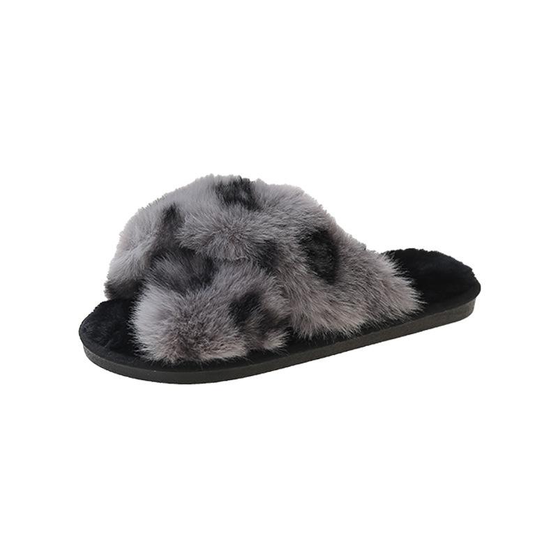 Amazon cross leopard print fluffy slippers autumn and winter warm home indoor flat bottom fashion floor cotton slippers