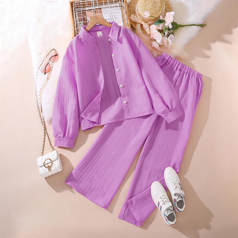 Kids Clothes Children Multicolor Sets 8-12 Years Long Sleeve Lapel Cardigan Shirt +Casual Loose Straight Leg Pants Two-piece Set