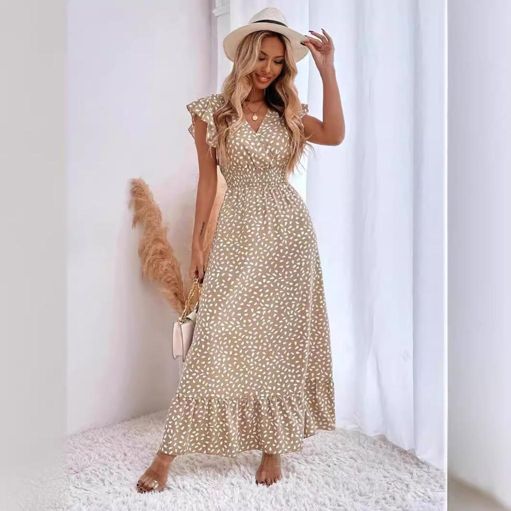 Women's Elegant V-neck Waist Cinched Ruffle Hem Maxi Dress, European American Style Spring Summer Long Dress for Women