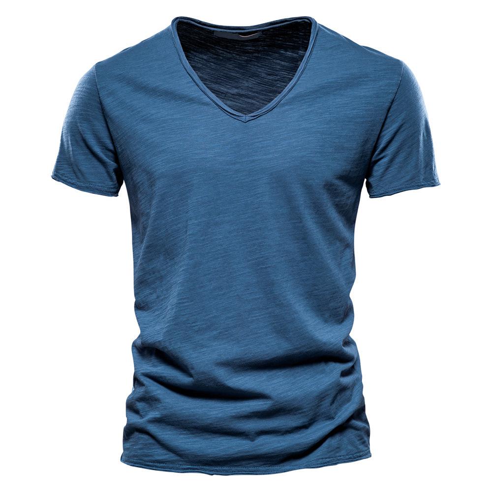 Herren Sommer V-Ausschnitt T-Shirt - Reine Baumwolle Slub, Unifarbe, Kurzarm