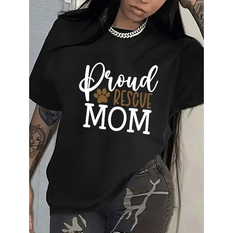 European Size Women's Dog Rescue Mom Paw Print & Heart T-Shirt - Pet Lover Apparel, Summer Casual Crew Neck Tee, Regular Fit for Adoption Awareness