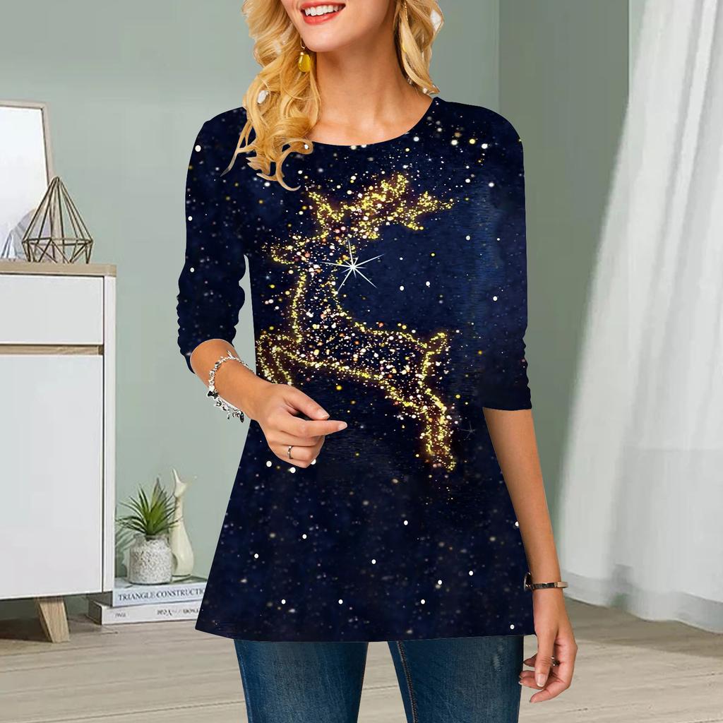 Damski top plus size z kwiatowym nadrukiem złotego jelenia, z okrągłym dekoltem, casualowy, luźny, z długim rękawem