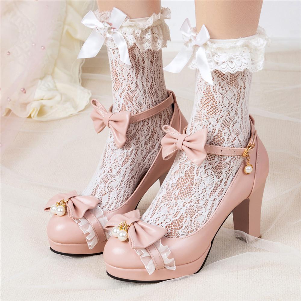 Fashion Spring Ankle Strap Women High Heels Mary Jane Pumps Party Wedding Cosplay White Pink Black Bow Princess Cosplay Lolita Shoes