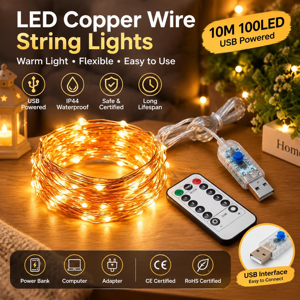 LED Copper Wire String Lights, 10m 100 LEDs, USB Powered, IP44 Waterproof