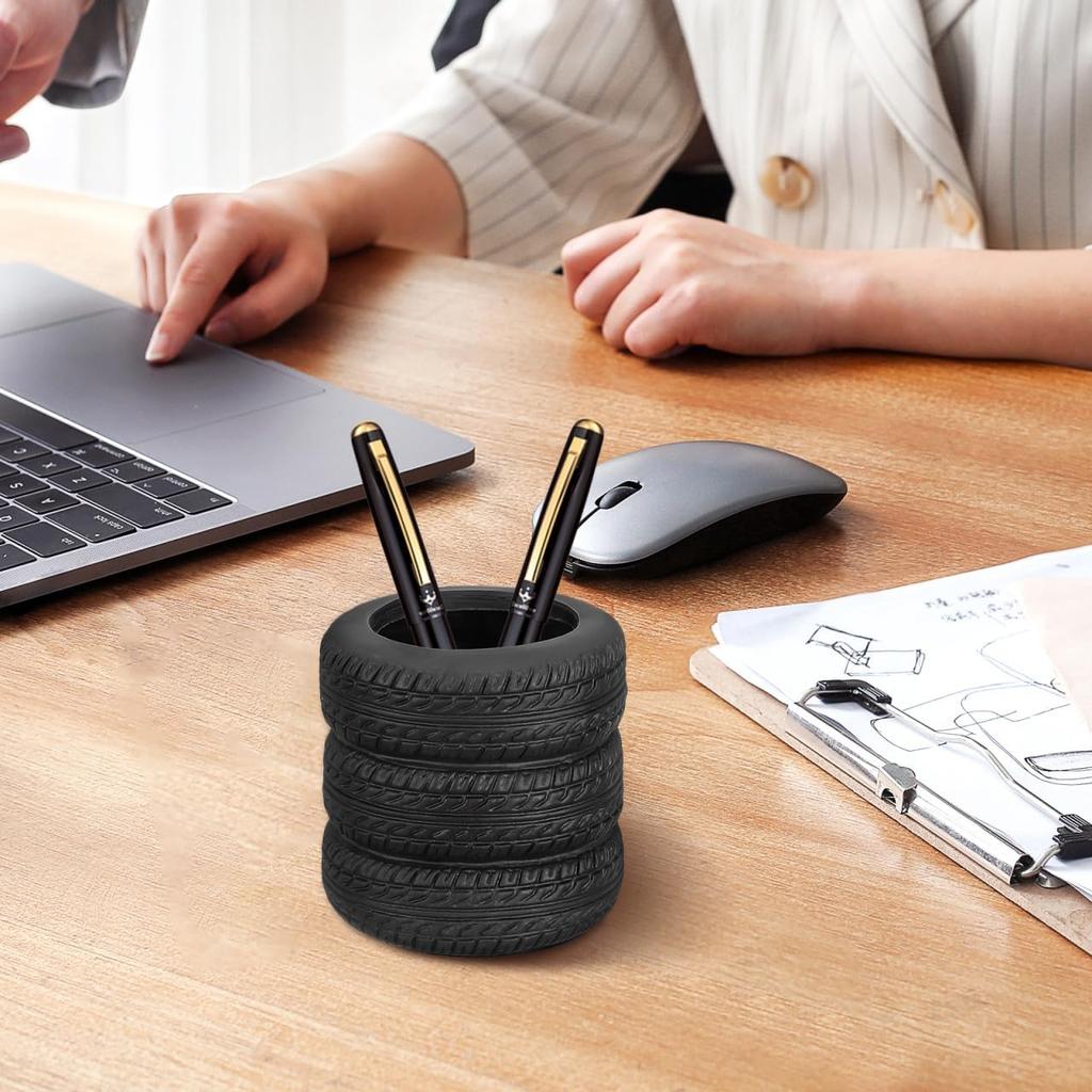 Tire Shaped Pen Holder, Creative Desk Organizer for Office and School, Black Plastic Pencil Holder with Non-Slip Base, Fun Car Tire Design for