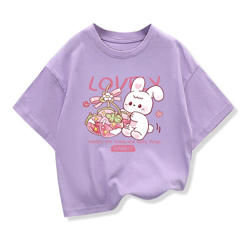Girls Lovely Rabbit Cartoon Tshirt Kids ShortSleeve Graphic Pink Tops Tee Summer Kids Clothing Loose Pure Cotton Tee