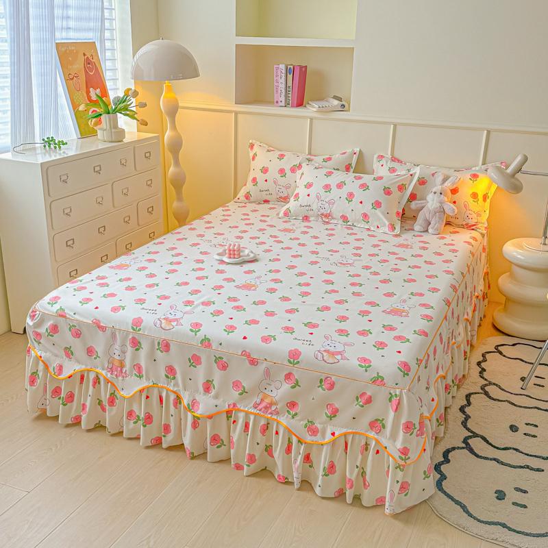 Printed Bed Skirt with Pillowcase Queen Size Bed Cover Set Ruffles Mattress Protector Home Bed Linen Soft Bedspread Jupe De Lit
