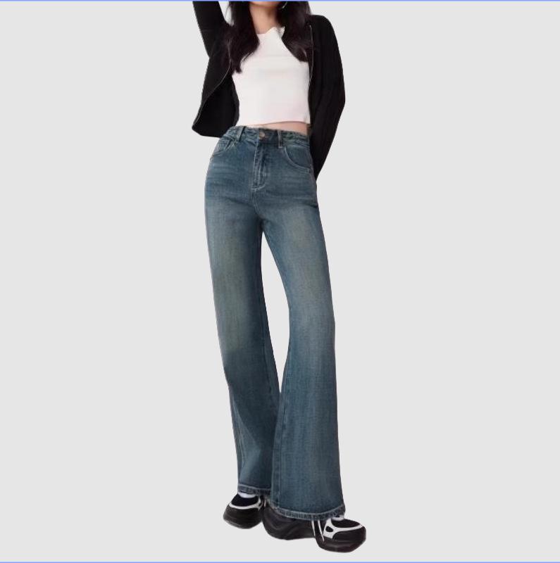 

High-Waisted Micro-Flare Jeans for Women - Blue, Slim Fit, Yellow Flower Pattern, Stretch, 26 Size, Versatile Spring Style. 28