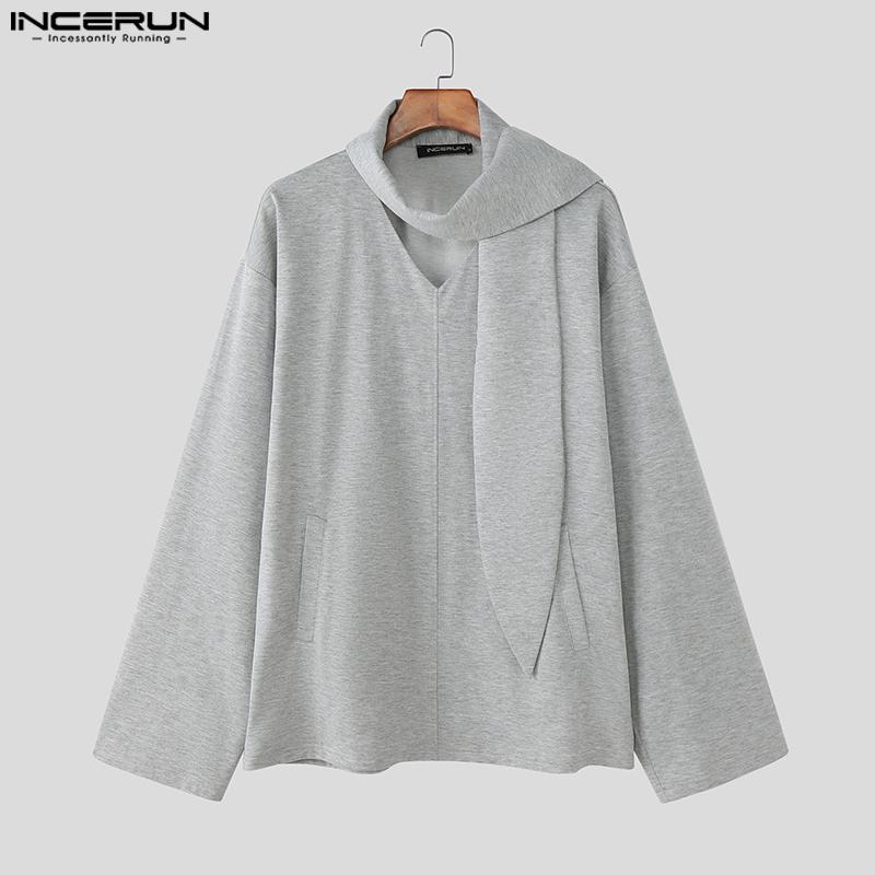 INCERUN Men Oversized Tie Up Long Sleeve Solid Casual Loose Pullovers Tops