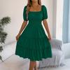 Women Square Neck Lantern Short Sleeve Ruffle Hem Loose Fit Midi Dress with Smocked Waist and Flared Skirt Design