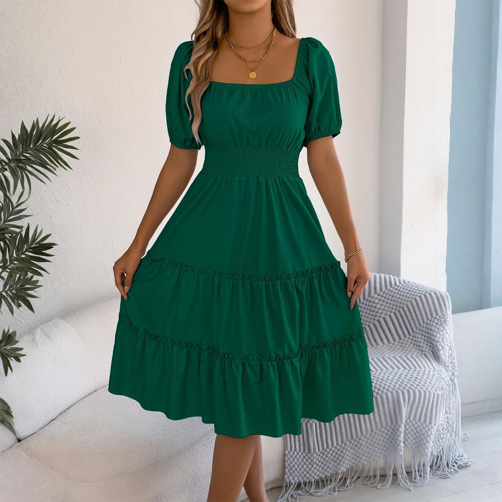 Women Square Neck Lantern Short Sleeve Ruffle Hem Loose Fit Midi Dress with Smocked Waist and Flared Skirt Design