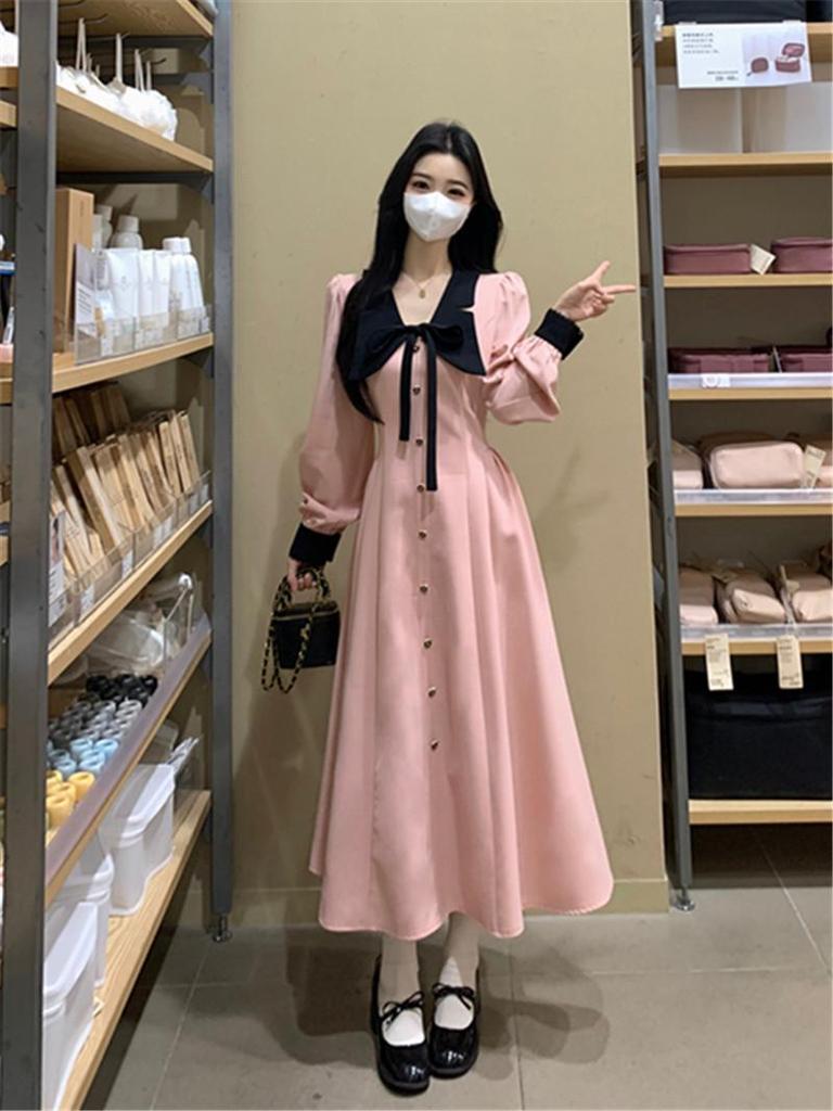 2026 Spring French Style Pink Collar Long-Sleeve Dress