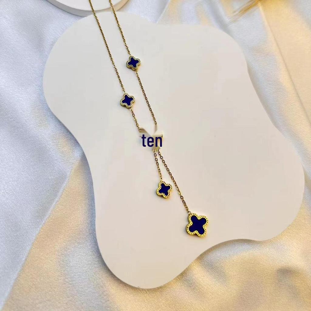 Elegant Five-Flower Double-Sided Four-Leaf Clover Stainless Steel Necklace with Tassel Pendant