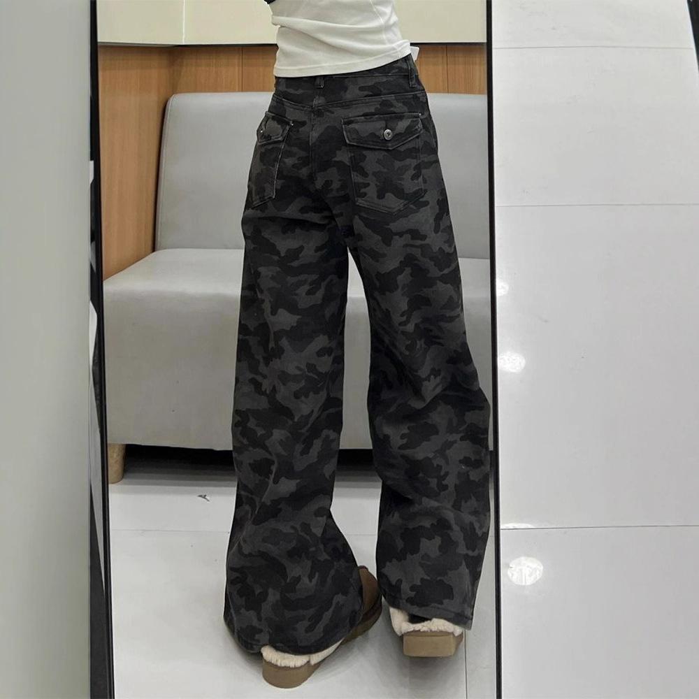 Vintage Dělej Staré Maskáčové Pracovní Oblečení Drapované Džíny Módní Pohodlné Všestranné Dámské Niche Volné Vlečné Kalhoty Džíny pro Ženy Dlouhé Džínové Kalhoty