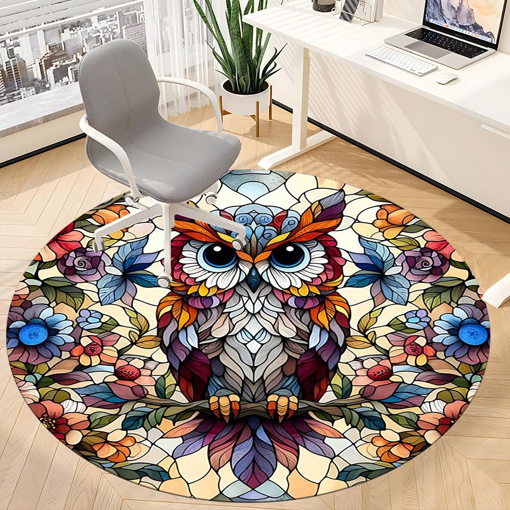 1pc Stained Glass Owl Office Round Area Rug, Indoor Mat Suitable ForOffice, Under Office Chairs Bedroom Living Room Home Decor, Room Deco D149
