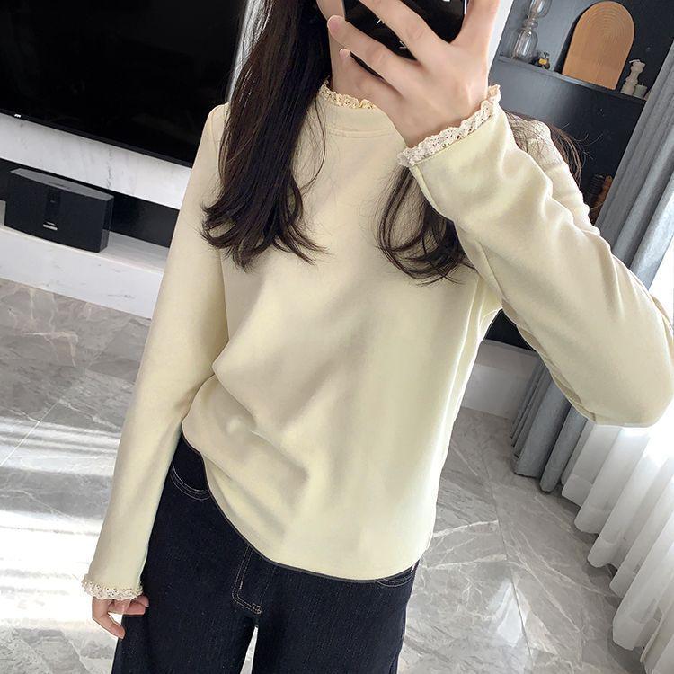 Women's Lace Splice Half-High Collar Base Shirt, Autumn/Winter, De Rong Fleece, Double-Sided Brushed, Slim-Fit, Long-Sleeve Top.