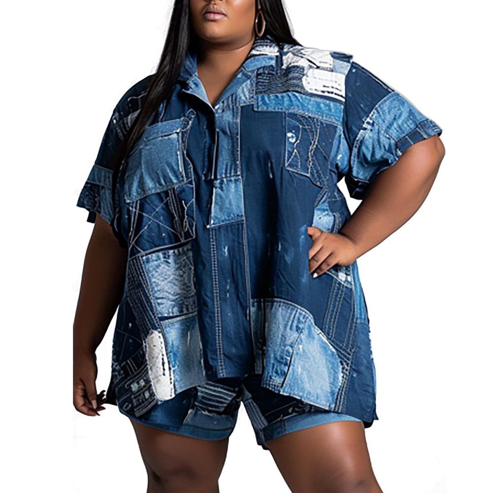 

Весенне-летний женский модный комплект больших размеров с короткими рукавами и шортами с принтом 5XL джинсовый синий