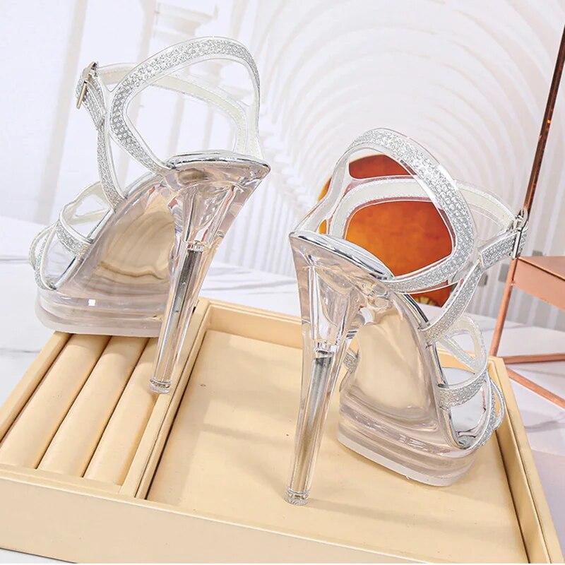 Women Crystal Heel sandals 12cm Ladies Stiletto Shoes Crystal Stained Glass Strip Color Diamond Sexy Fashion Sandals 12cm Heel WZ