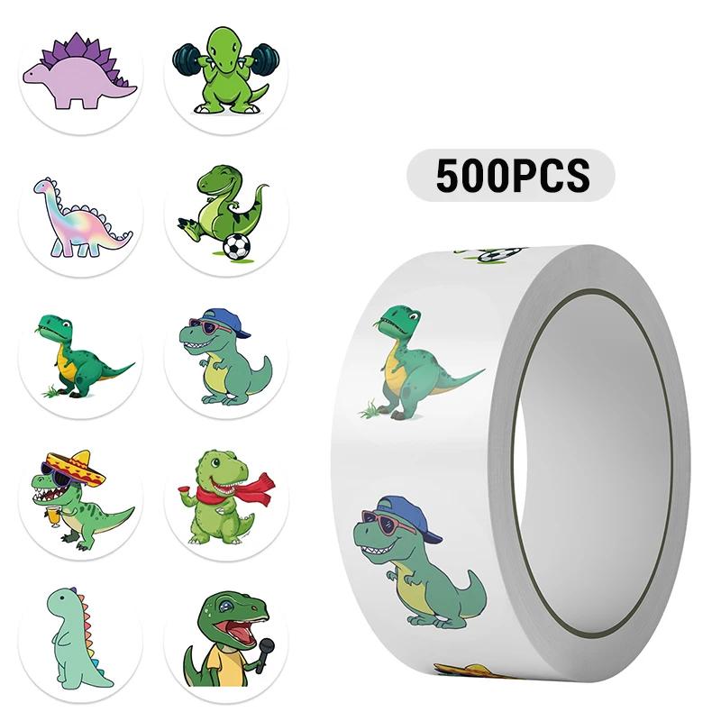 500PCS Dinosaur Round Stickers Rolls Cute Waterproof Vinyl Aesthetic Decals for Office Supplies Class Incentives Animal Themed
