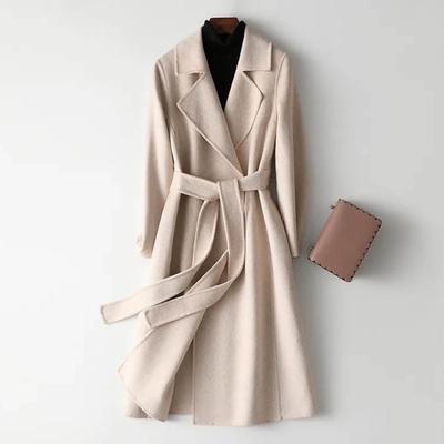 Kadın Sonbahar Kış Yün Ceket Yaka Uzun Kollu Slim Fit Ceket Kemer ile Düz Renk Orta buzağı Uzunluğu Palto