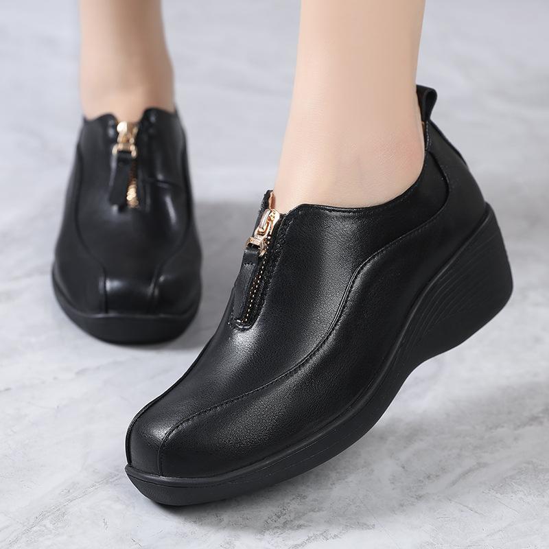 Fashion GKTINOO 2025 Autumn New Deep Mouth Real Leather Wedges Women's Shoes Soft Round Toe Front Zipper Women Mother Shoes Plus Size