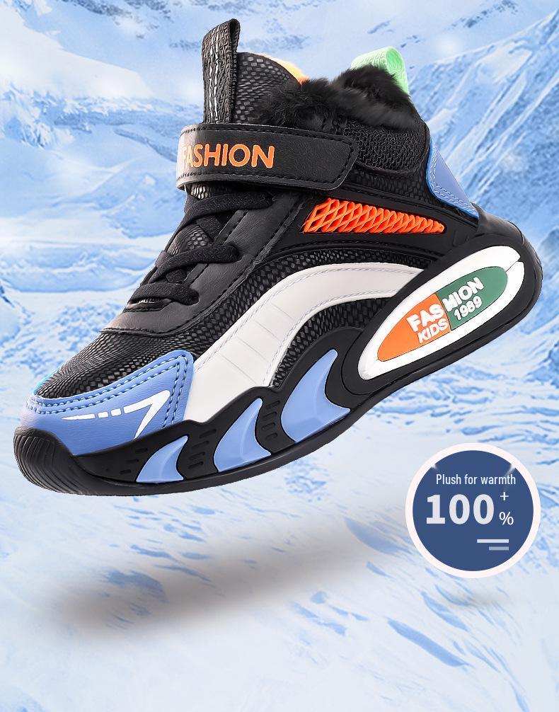 Boys' Winter 2025 Thickened Basketball Shoes - Warm Cotton with Trendy Velvet for Middle and Big Kids