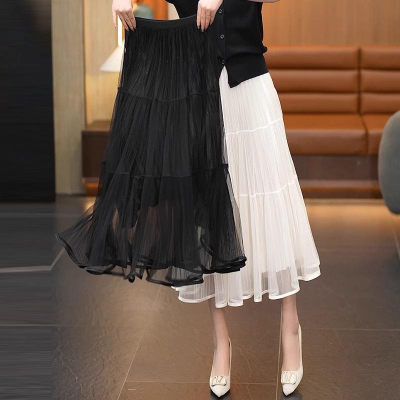 

Женская сетчатая плиссированная миди-юбка А-силуэта - Модный тренд весна/лето 2025 M [Recommended for 95-105 lbs] чёрный