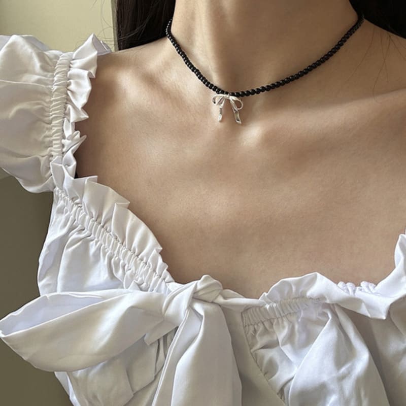 

mosxe [925silver] Ribbon onyx necklace onyx ribbon