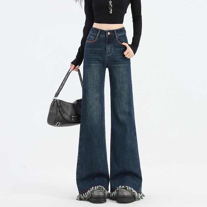Women s American-Style Retro High-Waisted Fringed Wide-Leg Jeans Skirt Pants XL