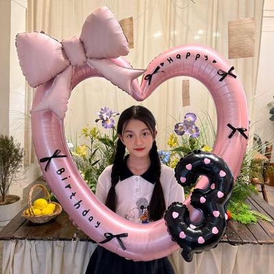 Xiaohongshu Style Heart Bow Photo Frame & Polka Dot Balloon Party Decor for Baby's Birthday